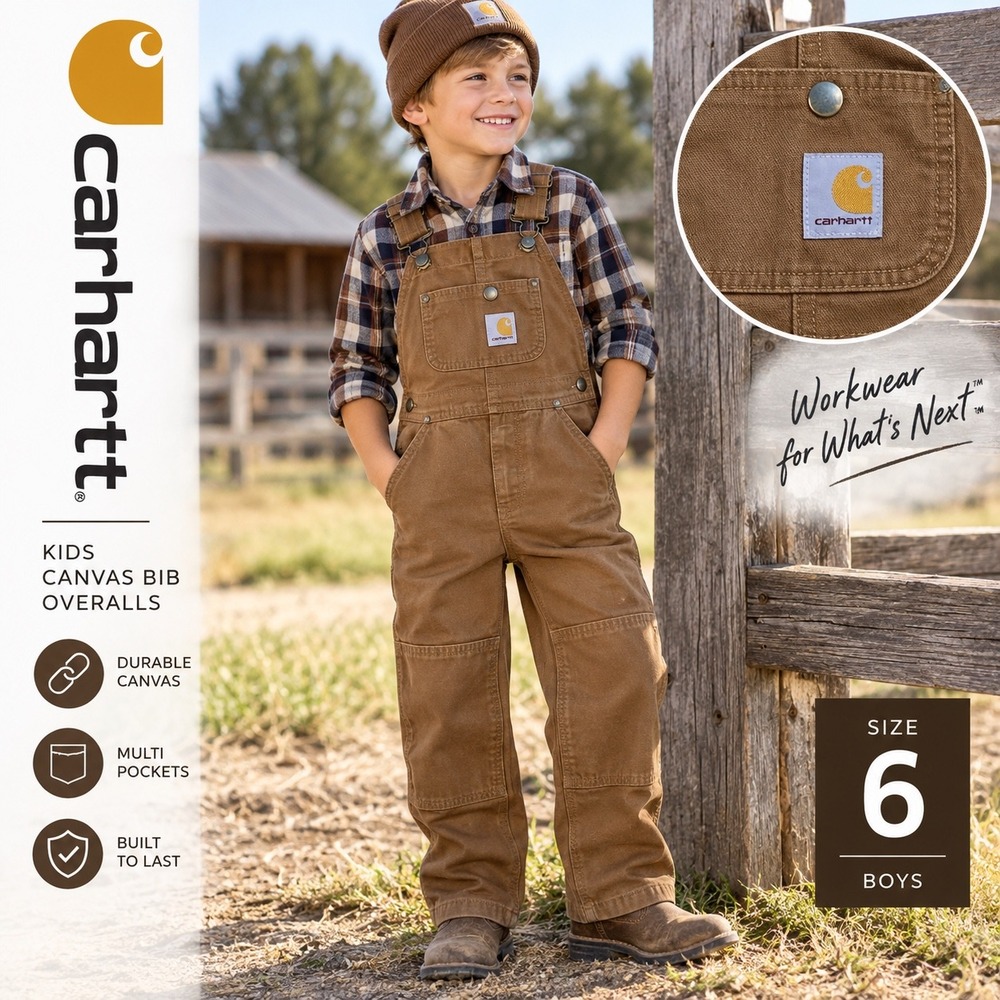 Carhartt Duck Bib Overalls Boys Size 6 Brown Canvas Double Knee OX8603-B Bibs